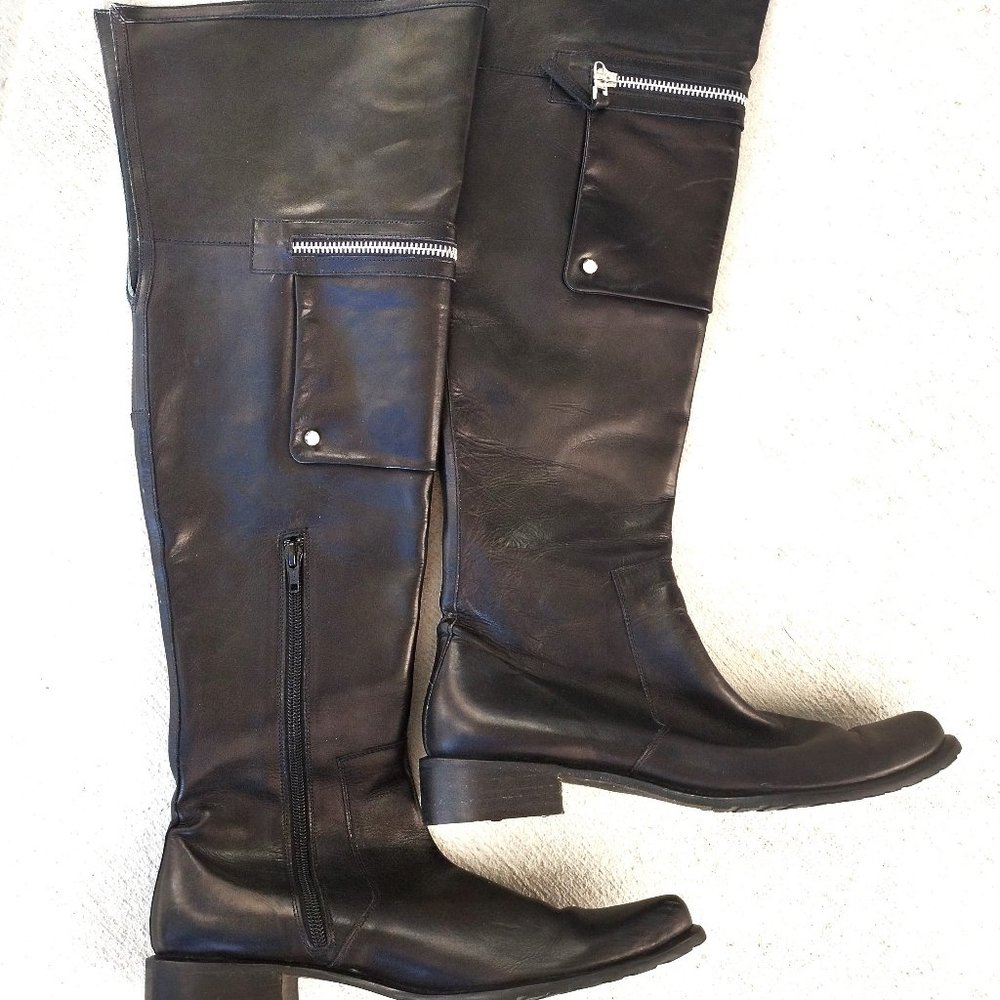 Amazing KENZO PARIS Flat Over The Knee Black Leather Moto Biker Boots EU 38